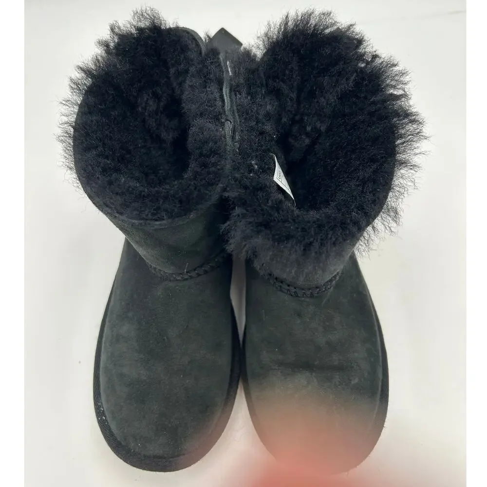 UGG Mini Bailey Bow II Black Sheepskin Boots Ribbon Tie Girls Size 12 US EU 30